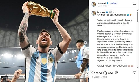 A screenshot from the Instagram account of footballer Lionel Messi, showing him wearing an Argentina shirt at the 2022 World Cup, holding the trophy aloft