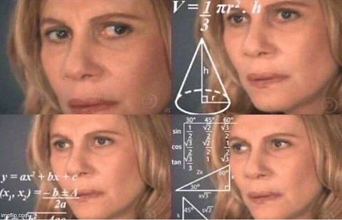 Four images of a woman with blonde hair looking confused, with maths symbols around her face