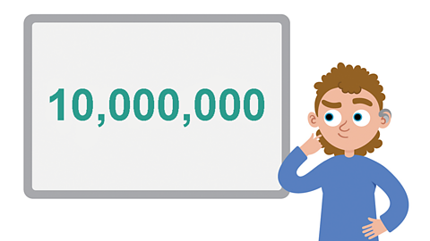 A boy standing beside a whiteboard showing the number 10,000,000. Useful for studying place value grids for the SEAG transfer test