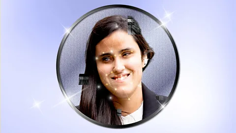 Serenity Strull/ BBC Illustration of Milagros Costabel's face framed in a circle with dots indicating image recognition (Credit: Serenity Strull/ BBC)