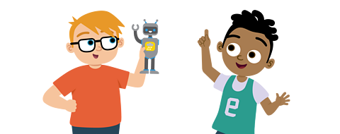 Malcolm and Felix holding a lost robot toy.