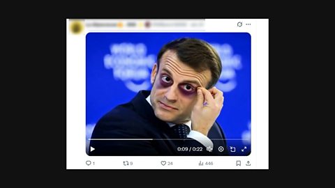 An image made up to show French president Emmanuel Macron with two black eyes during a major conference