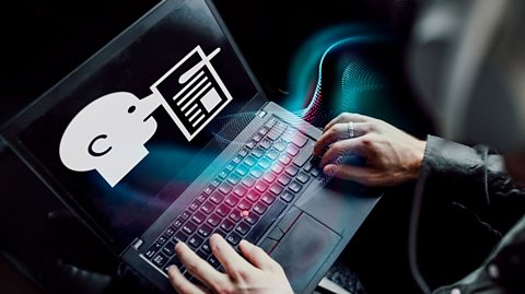 An image showing fake news being spread online via someone's laptop