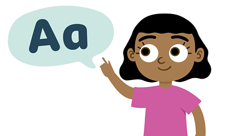 Girl pointing at a capital A, and a lower case a