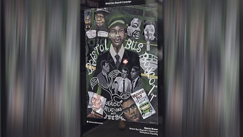 A poster illustrating the Bristol Bus Boycott features uniformed bus workers, protest signs, and references to the Race Relations Act, highlighting the campaign’s fight for workplace equality.