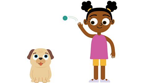 An illustration of a child throwing a ball for a dog.