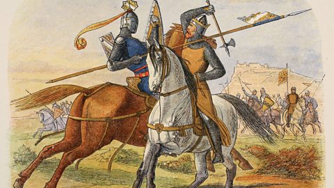 Historic artist's impression of the Battle of Bannockburn with grass and castle