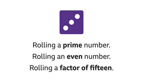 A purple die showing the number three. Below it are three statements: “Rolling a prime number”, “Rolling an even number”, and “Rolling a factor of fifteen”.