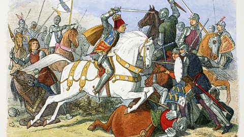 Artist's impression of the Battle of Bosworth field showing soldiers on horses fighting