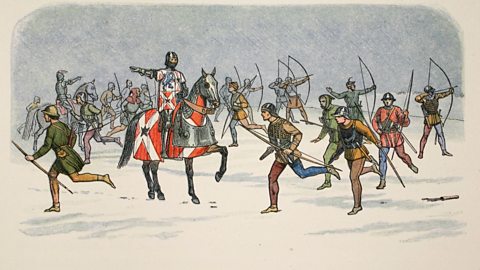 Battle of Towton shows soldiers with bows and one on a horse in the snow