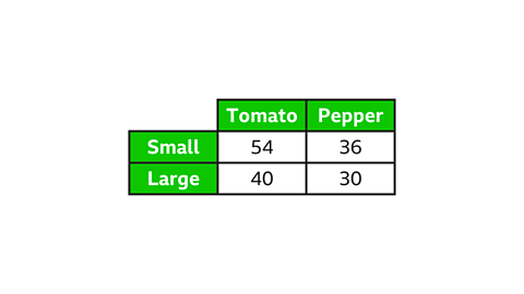 A two‑way table showing the numbers of small and large vegetables by type. Small: 54 tomatoes and 36 peppers. Large: 40 tomatoes and 30 peppers.