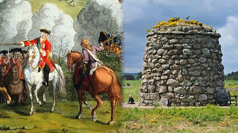 A mix of an artist's impression of a battle with soldiers on horses and a memorial stone