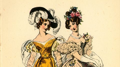 The Regency period was known for its fashion. A cartoon of two high society women and their fashions, big headpieces and ruffle dresses