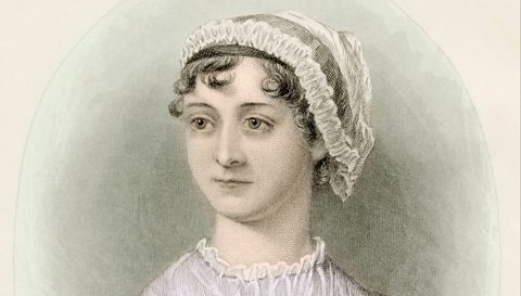 A portrait of author Jane Austen, wearing a hat with curled hair
