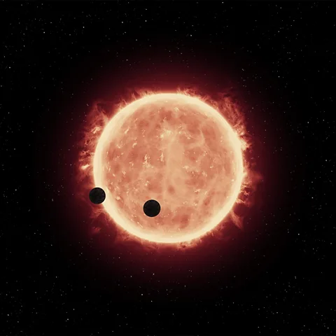 Nasa, ESA and G. Bacon (STScI Forty light-years away, two Earth-sized worlds pass in front of a red dwarf star (Credit: Nasa, ESA and G. Bacon (STScI))