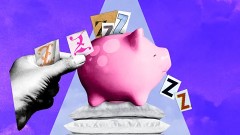 Serenity Strull/ BBC Illustration of a hand adding paper with Z on them into a piggy bank (Credit: Serenity Strull/ BBC)