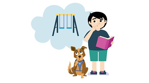 An illustration of a child and a dog with a thought bubble of some swings.