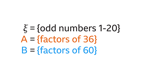 Text defining three sets. The universal set ξ is the set of odd numbers from 1 to 20. Set A is the set of factors of 36. Set B is the set of factors of 60.