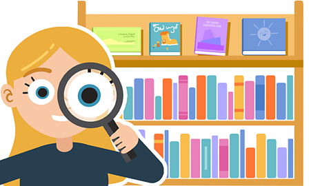 A book shelf with lots of books and a cartoon girl in the foreground holding a magnifying glass to her eye 