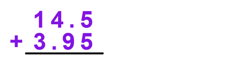 A sum showing 14.5 plus 3.95 but no placeholder zero has been used to make sure the decimal points line up, useful skills for those preparing for the SEAG transfer test.