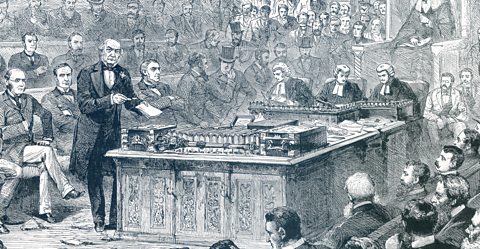 Illustration showing William Gladstone debating the First Home Rule Bill, 1886.