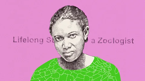 Emmanuel Lafont Portrait of a young black woman stylised with a green patterned shirt against a pink background with the words "Lifelong Story of a Zoologist" (Credit: Emmanuel Lafont)