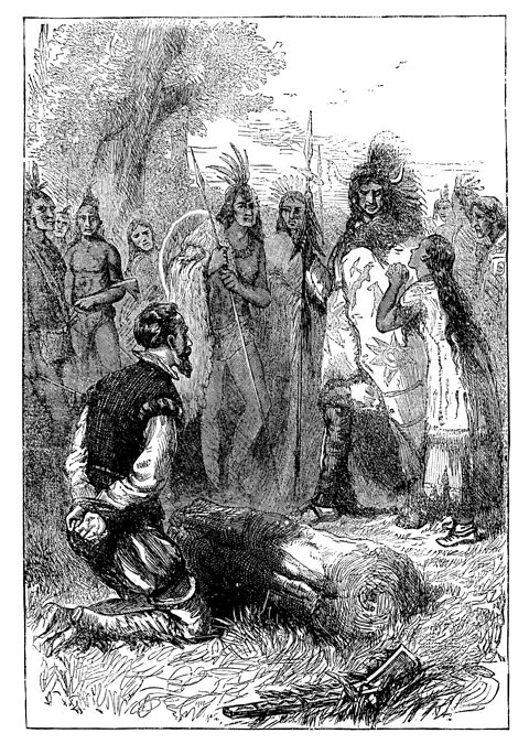 An image of Pocahontas saving Cptn John Smith by begging her father not to kill him