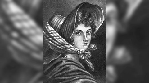 A black and white illustration of Emily Brontë. Her pose is looking over her right shoulder and her expression is blank. She has curly hair which is hidden under a hat and scarf