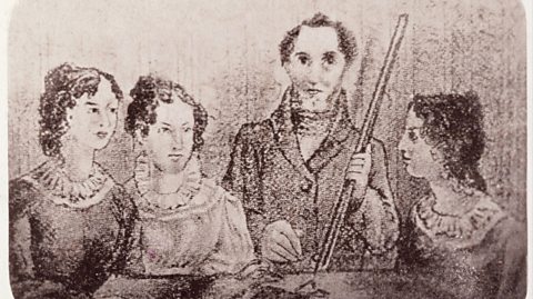 A portrait of Charlotte, Emily, Bramwell and Anne Brontë. The sketch is black and white and shows Bramwell at the centre of his sister. The sisters all wear dresses with ruffled neck details and have their hair curly in messy hair buns. Bramwell wears a suit, has short hair and is holding a ruler in his hand