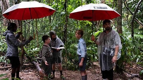 On set of BBC's Lord of the Flies TV series. Production stand with two of the actors in between takes. They shelter them under red umbrellas as they prepare for a scene