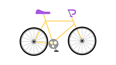 Image of a bicycle. The frame is yellow and the handlebars and seat are purple.