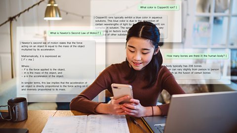 A young woman on her phone surrounded by screenshots of an educational conversation with an AI chatbot