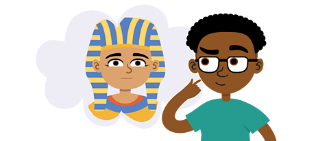 A boy with a thought bubble of Tutankhamun.