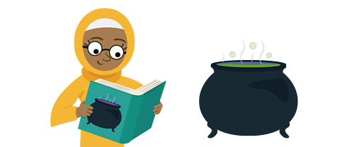 A girl reading a book about potion making standing next to a cauldron. 