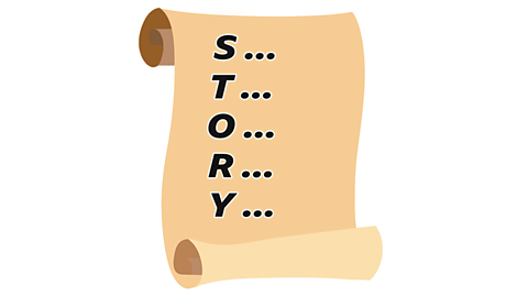 A scroll with the letters s,t,o,r,y going down the page