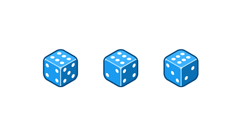 Three blue six‑sided dice shown in a row. Each die displays a different face with white dots, illustrating standard dice designs.