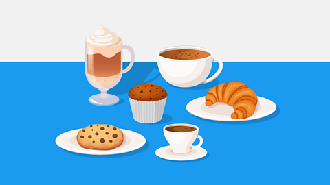An assortment of drinks and pastries arranged on a blue surface. The items include a latte with whipped cream in a tall glass, a large cappuccino, a croissant on a plate, a chocolate chip cookie on a plate, a muffin, and a small espresso in a cup and saucer.