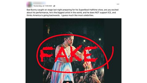 A Facebook post with an AI picture of Bad Bunny burning the USA flag and a fake stamp over it