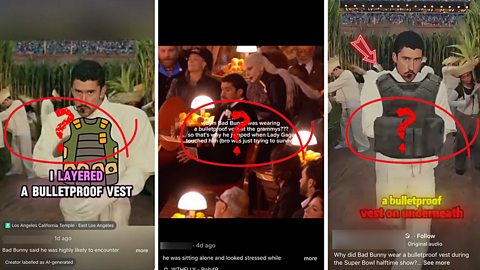 An image showing three Tiktok posts. Two claim that he wore a bullet proof vest to the superbowl perfomance, and the other claims he is wearing one at the Grammy's.