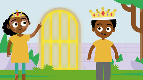 Lucas and Chloe looking at a magical gate