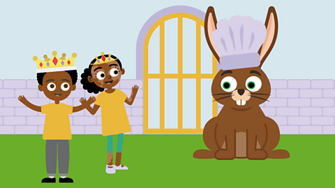 Lucas and Chloe and a giant rabbit