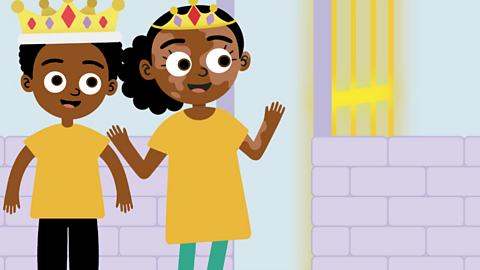 An illustration of Princess Chloe and Prince Lucas going through a magical gate.