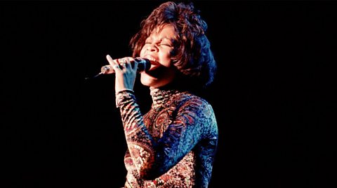 Whitney Houston on stage during her Bodyguard World Tour in 1993