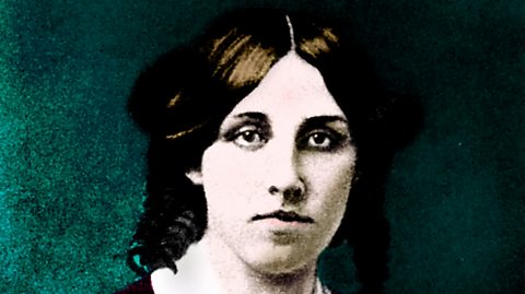 A portrait of Little Women author Louisa May Alcott. She stands in front of a green background with a blank expression on her face. She has dark brown hair tied up, with curls falling at the back of the hairstyle