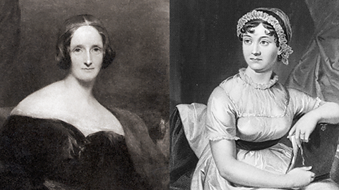 A composite photo or two black and white portraits put together. On the left is Mary Shelley, wearing an off the shoulder black dress and with short hair in a middle part. On the right is Jane Austen, who wears a white short sleeved dress with ruffle details on the sleeves and colour. Her hair is in a bun and she has a matching ruffled headband