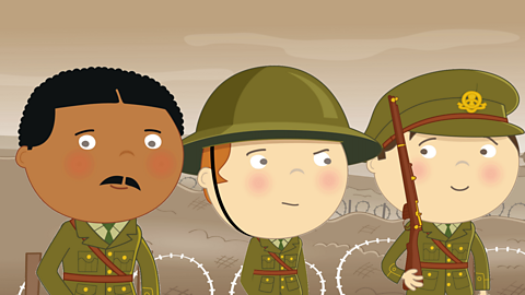 Three soldiers standing with a battlefield scene in the background