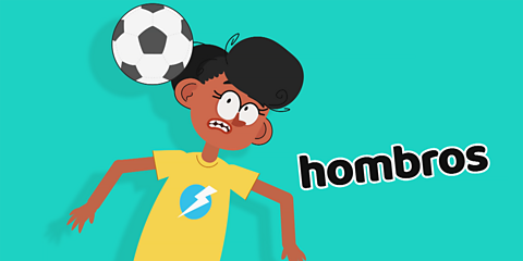 A girl watching a football come towards her with the word 'hombros'
