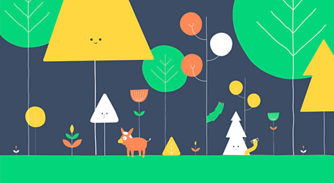 A dark blue background with green and yellow trees.