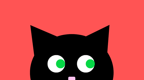 A black cat with green eyes on a red background