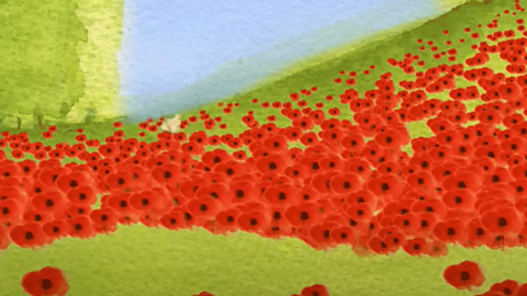 A watercolour painting of poppies in a field stretching into the distance